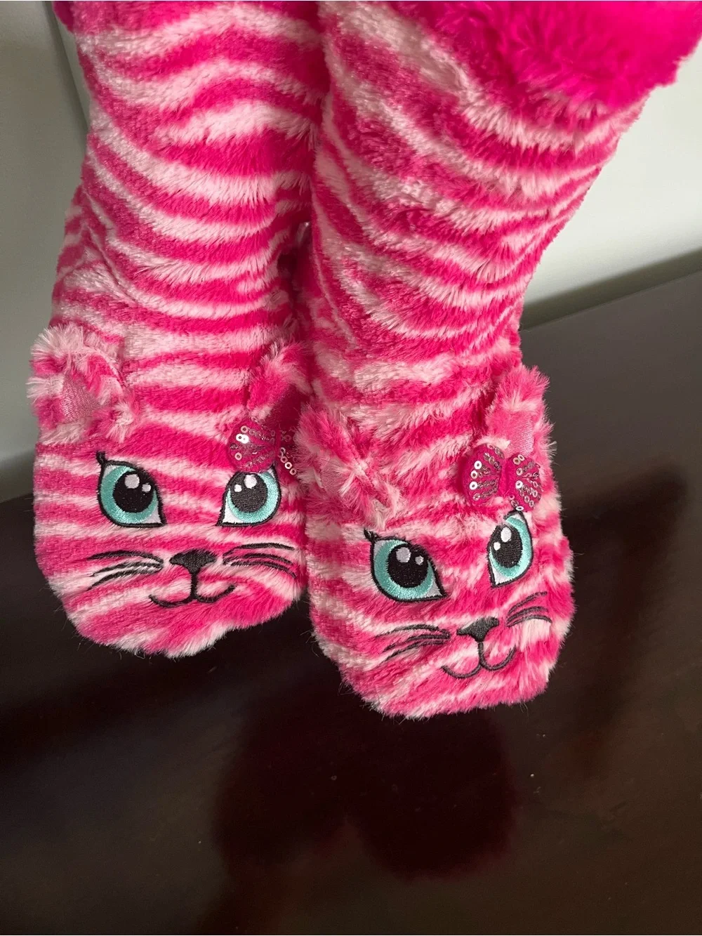 Fuzzy Pink Cat Slipper Socks for Kids - Cute Bow Detail